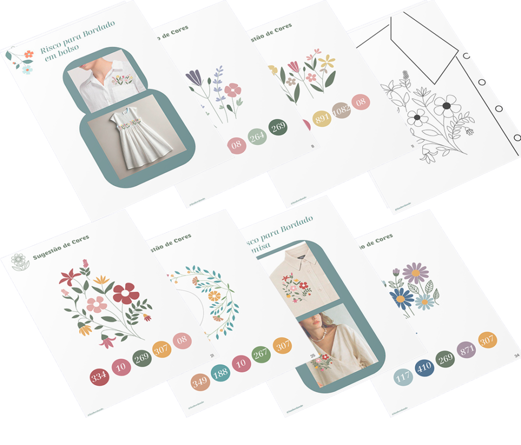 Prévia dos riscos para bolso, gola, vestido e blusa, com sugestão de cores