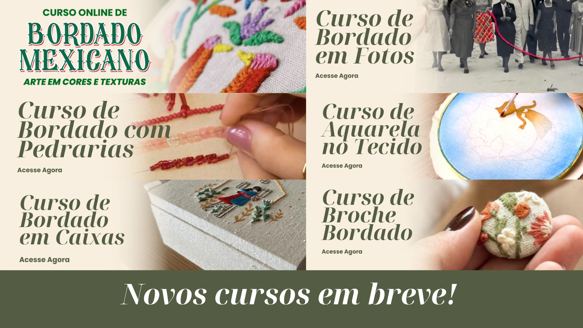 Cursos livres do Clube: Bordado Mexicano, Bordado em Fotos, Pedrarias, Aquarela, Caixas e Broche Bordado