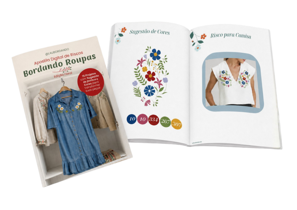 Apostila Bordando Roupas aberta, mostrando sugestão de cores e risco para camisa