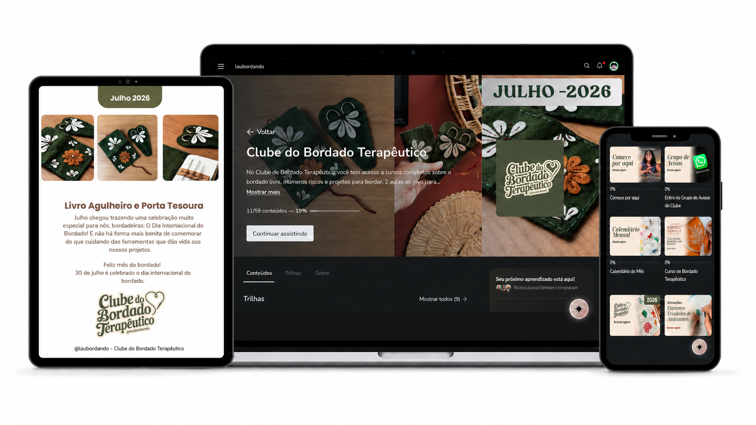 Clube do Bordado Terapêutico aberto no computador, tablet e celular
